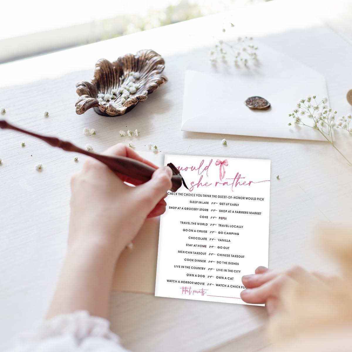 Wedding Shower Games Cards, Would She Rather Bridal Shower Game for 25 Guests, Engagement Party Wedding Games for Guests, Pink Ribbon Bow Wedding Party Supplies - E11