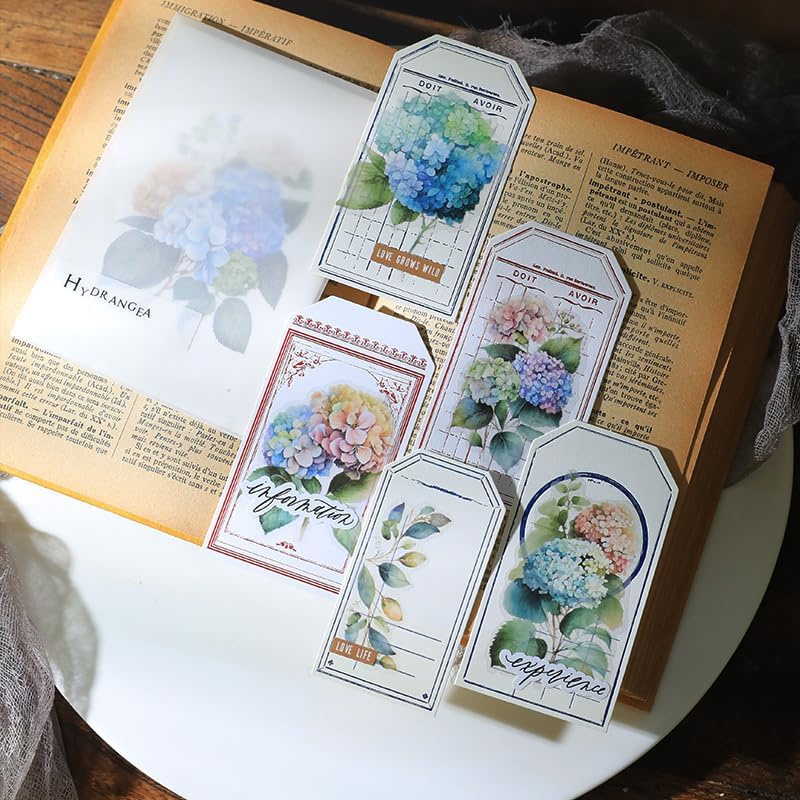 Vintage Vellum Stickers Floral Plants Elements Scrapbooking Supplies Flowers Botanic Natural Translucent Paper Self-Adhesive Junk-Journal Items (Hydrangea Macrophylla)