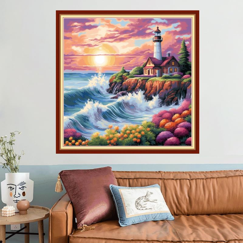 Joyhoor Stamped Cross Stitch Kits for Beginners, Needlepoint Kits for Adults, 11CT Counted Embroidery Kits-Seaside Lighthouse 18x18 inchs