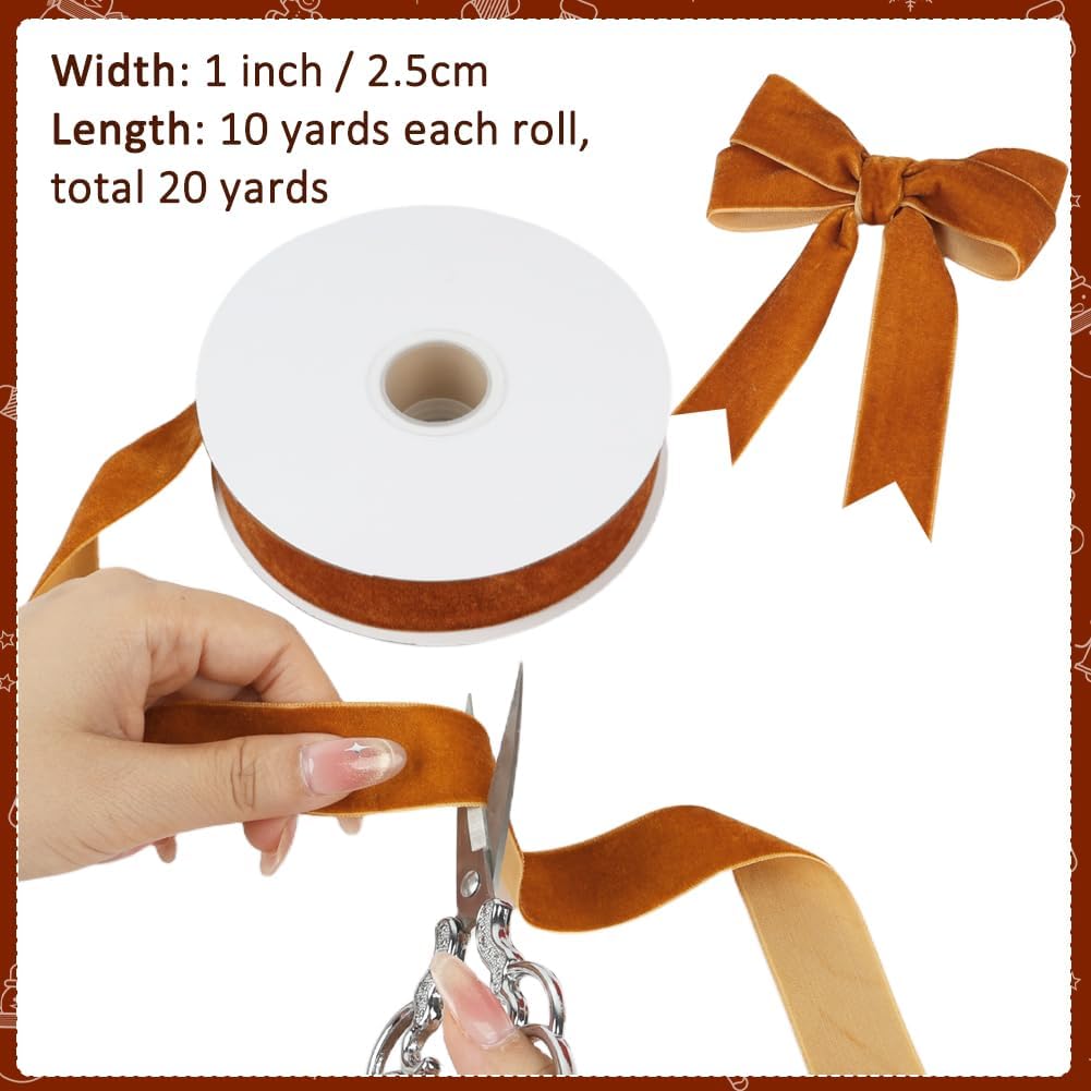 Khaki Velvet Ribbon, 1 Inch x 20 Yards Single Faced Khaki Ribbon for Gift Wrapping, Bow Making, Christmas Tree Decorations, Wreath Making and DIY Crafts (10 Yards Each Roll)