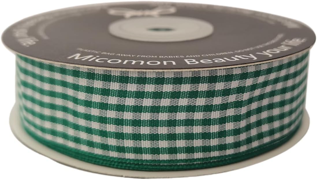 Green and White Woven Edge Plaid Ribbon 100% Polyester Gingham Ribbon 25 Yards Each Roll (1",Green)