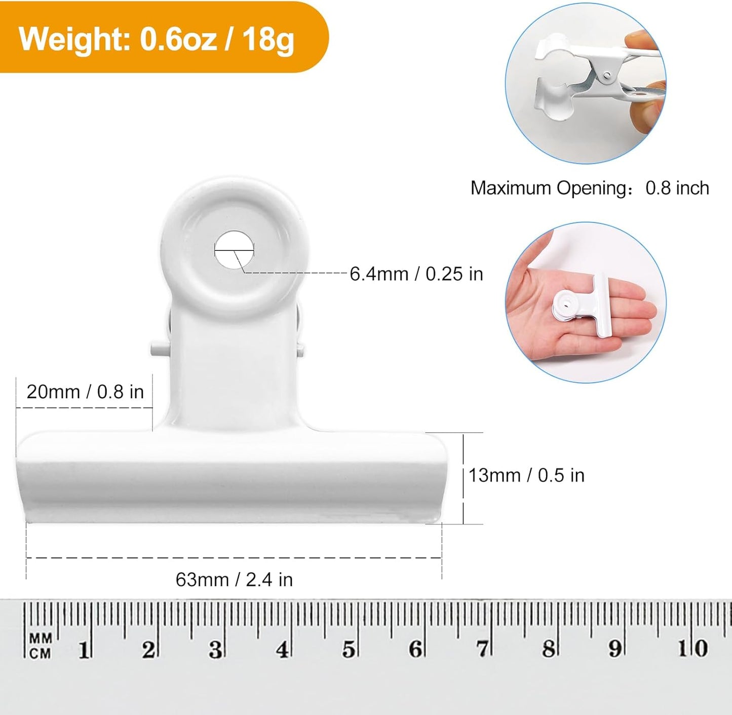 Coideal White Bulldog Paper Clips, 20 Pack 2 Inch Large Metal Binder Clips Round Hinge Clamps for Food Bags, Pictures Photos, Art Crafts, Office School (50 mm)