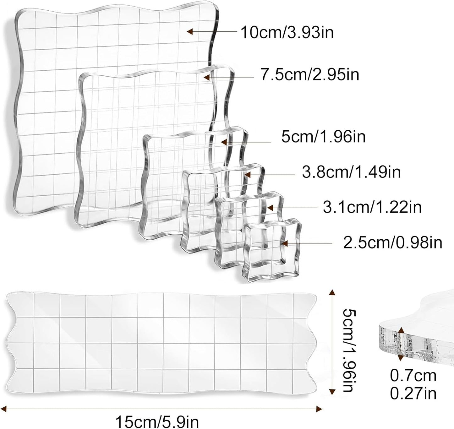UCEC 7 Pieces Acrylic Stamp Block Assorted Sizes Clear Acrylic Mounting Blocks Set, Decorative Stamp Blocks with Grid Lines for Scrapbooking Crafts Making