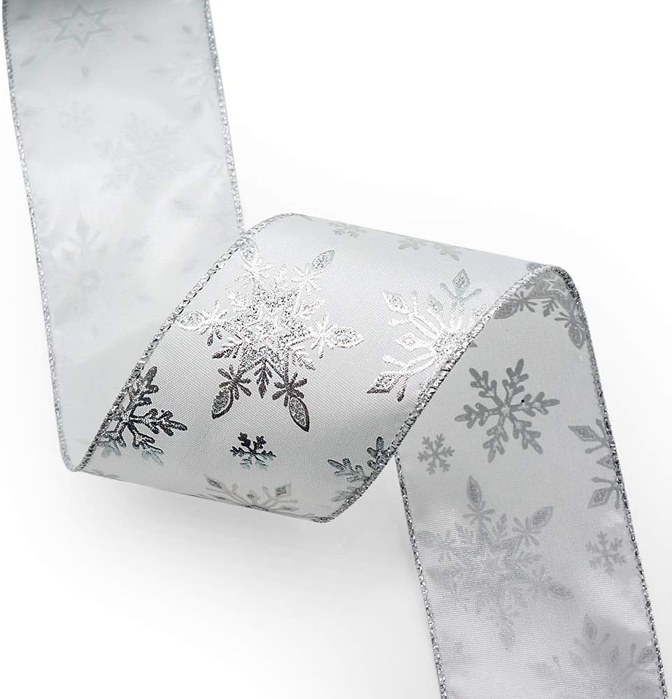 CT CRAFT LLC Satin with Silver Snowflake Wired Ribbon 2.5 Inch x 10 Yards for Christmas Home Decor Tree Topper Bow Gift Wrapping DIY Crafts Wreath Garland