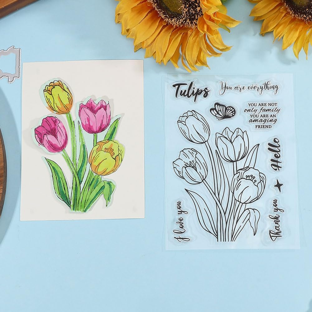 ORIGACH Tulip Layering Stencil Stamp and Die Set for Card Making, Flower Stencil Template Silicone Clear Stamps and Metal Die Sets for DIY Scrapbooking Photo Album Crafting
