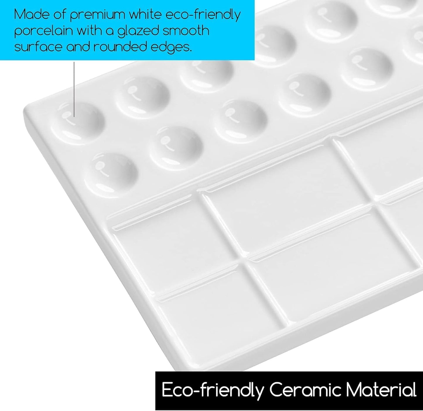 MEEDEN 22-Well Ceramic Watercolor Palette, Rectangle Porcelain Artist Paint Palette, 7.6'' × 5.5'' Ceramic Mixing Tray for Gouache, Watercolor, Acrylic Painting