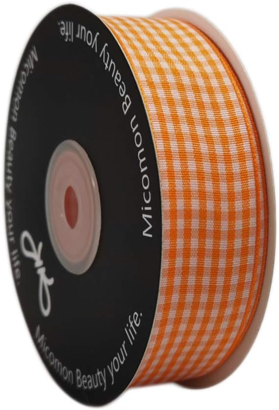 Micomon Orange Gingham Plaid Checked Ribbon 25 Yard Each Roll 100% Polyester (1", Orange)