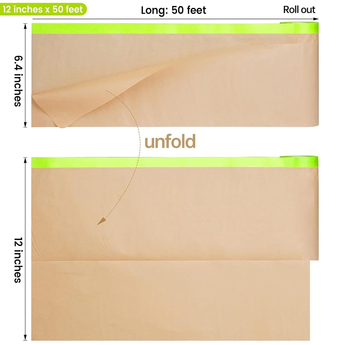 ADHES Pre-Taped Masking Paper for Painting, 3 Rolls 12 Inch x 50 Feet Tape and Drape Painters Paper Roll with Masking Tape, Automotive Paint Masking Paper for Cars, Walls, Floors, Furniture Protection