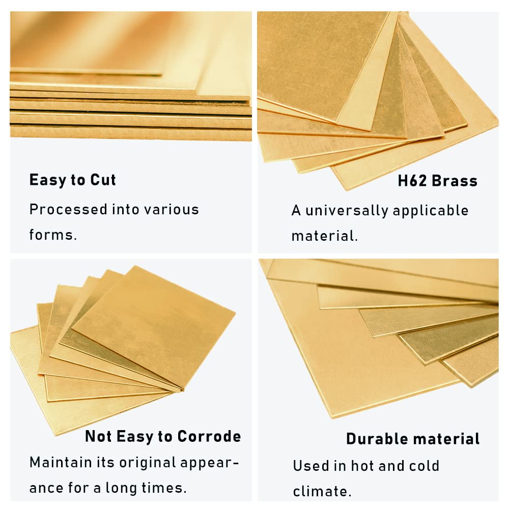 10 Gauge Brass Sheet，H62 Brass Plates Metal 0.098" Thickness x 3.9" Width x 3.9" Lenght, for Models, Crafts, Repairs, Electrical, 2Pcs