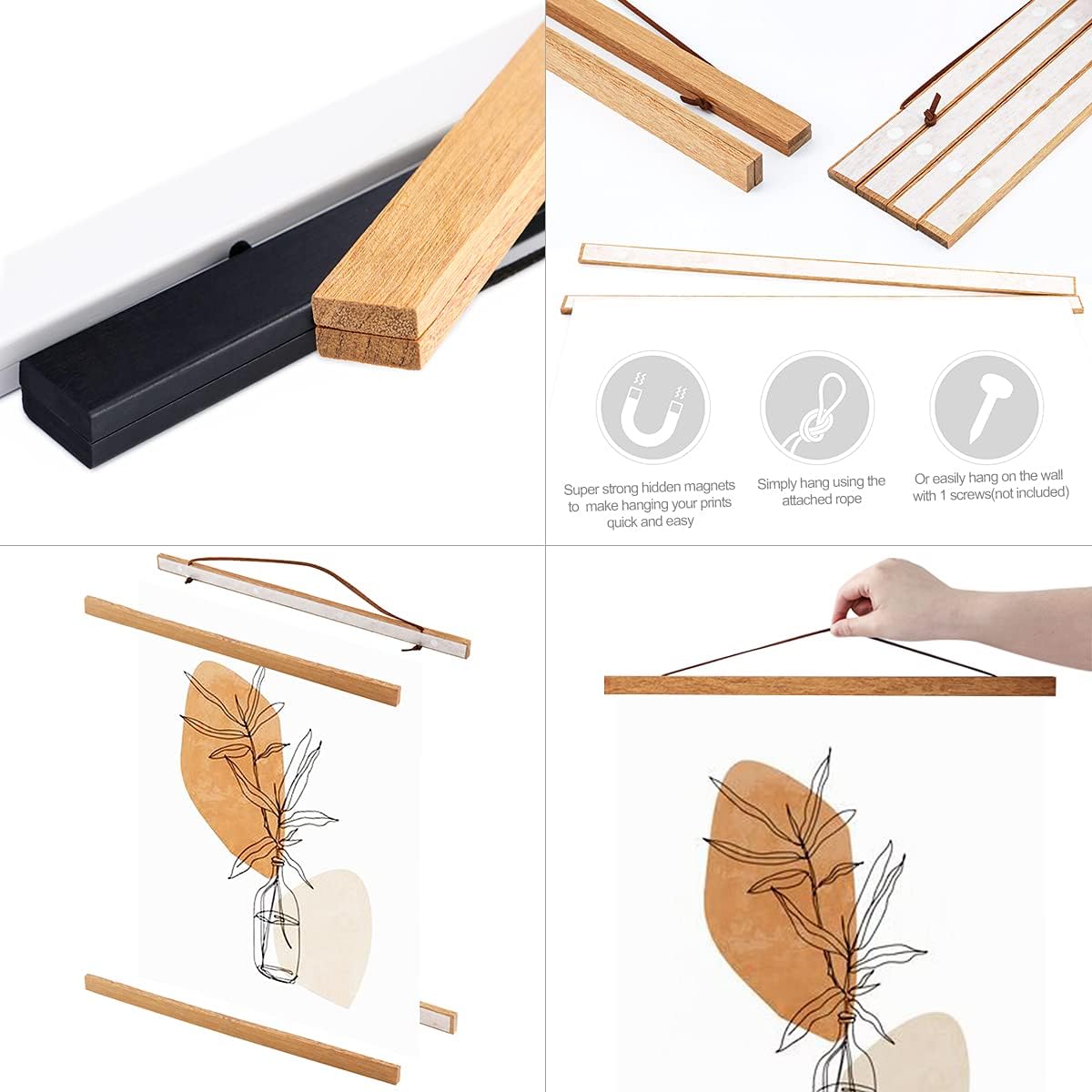 Ywlake Magnetic Poster Hanger, 14x22 14x20 14x24 Poster Frame Wood Wooden Magnet Print Posters Dowel Scroll Hanger Hangers Hanging Kit for Walls Map Canvas Artwork (Teak Wood, 14")