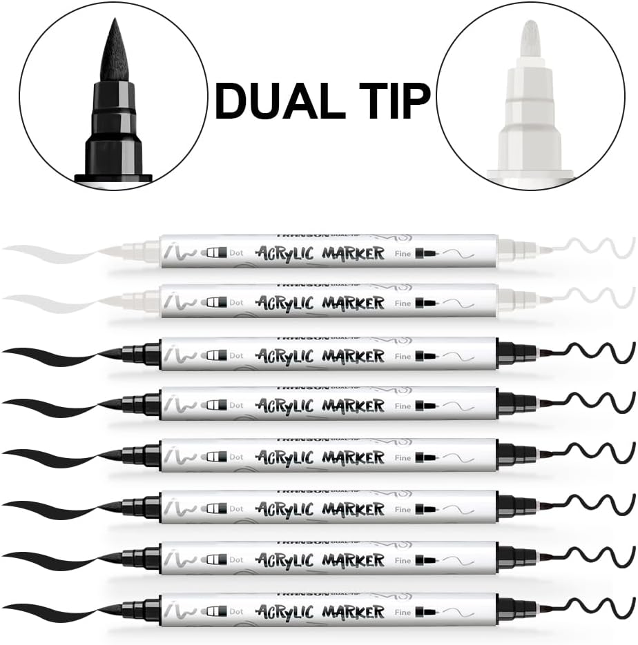 TRANSON 6 Black and 2 White Paint Markers Brush and Fine Dual-tip Acrylic Paint Marker for Rock Glass Canvas Wood Leather Ceramic DIY Painting