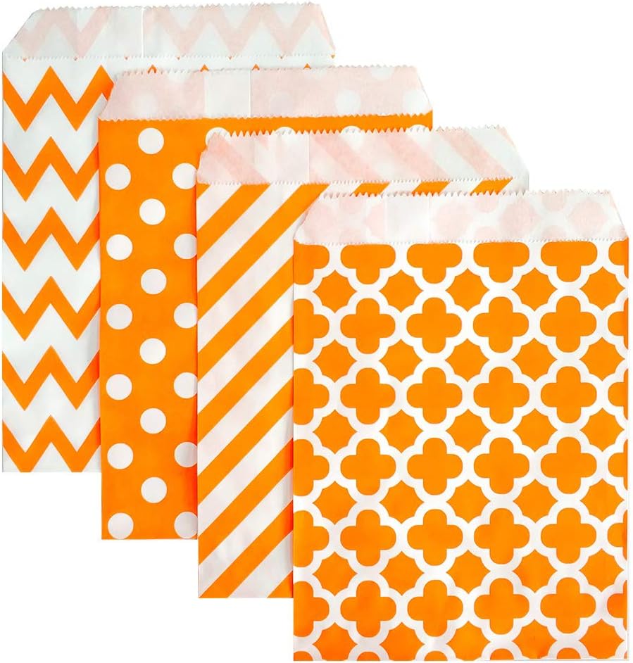 KEYYOOMY 100 Pcs Orange Candy Buffet Bags Small Cookie Bags Polka Dot Paper Treat Bag for Wedding Birthday Party (5 inch x 7 inch)