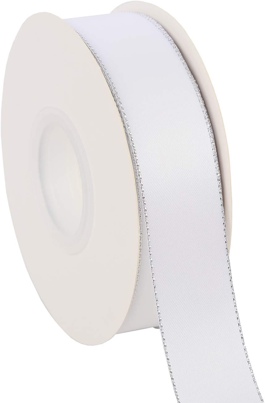 ITIsparkle 1" Inch Double Faced Satin Ribbon 25 Yards with Silver Edges, 1" X 25Yd - White