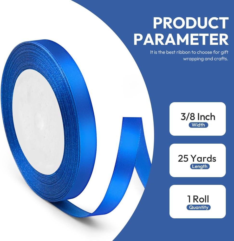 3/8" x 25 Yards Satin Ribbon, Royal Blue Silk Ribbon Ideal for Gift Wrapping, Floral Bouquets, Crafts, Wedding Party Decorations, Christmas and Sewing Projects