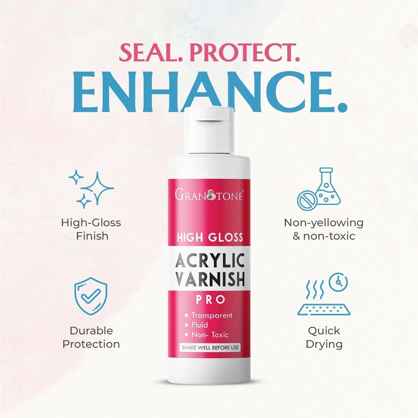 GRANOTONE Acrylic Artist's Varnish | High Gloss Finish | Non-Yellowing | Non-Toxic | Anti-Crazing | for Pro Artists, Hobby Painters & Kids | Made in India | 100 ML (3.38 fl oz)