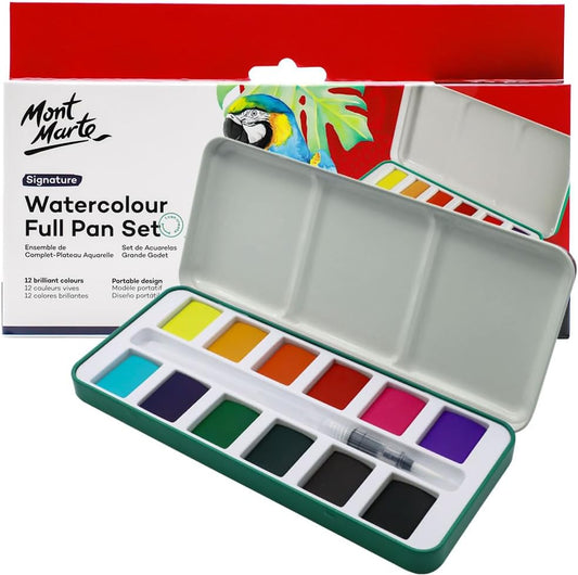 Mont Marte Watercolor Set Full Pan Signature 13pc in Tin, Vibrant, Multi-Color with Translucent Finish, Portable Watercolor Set