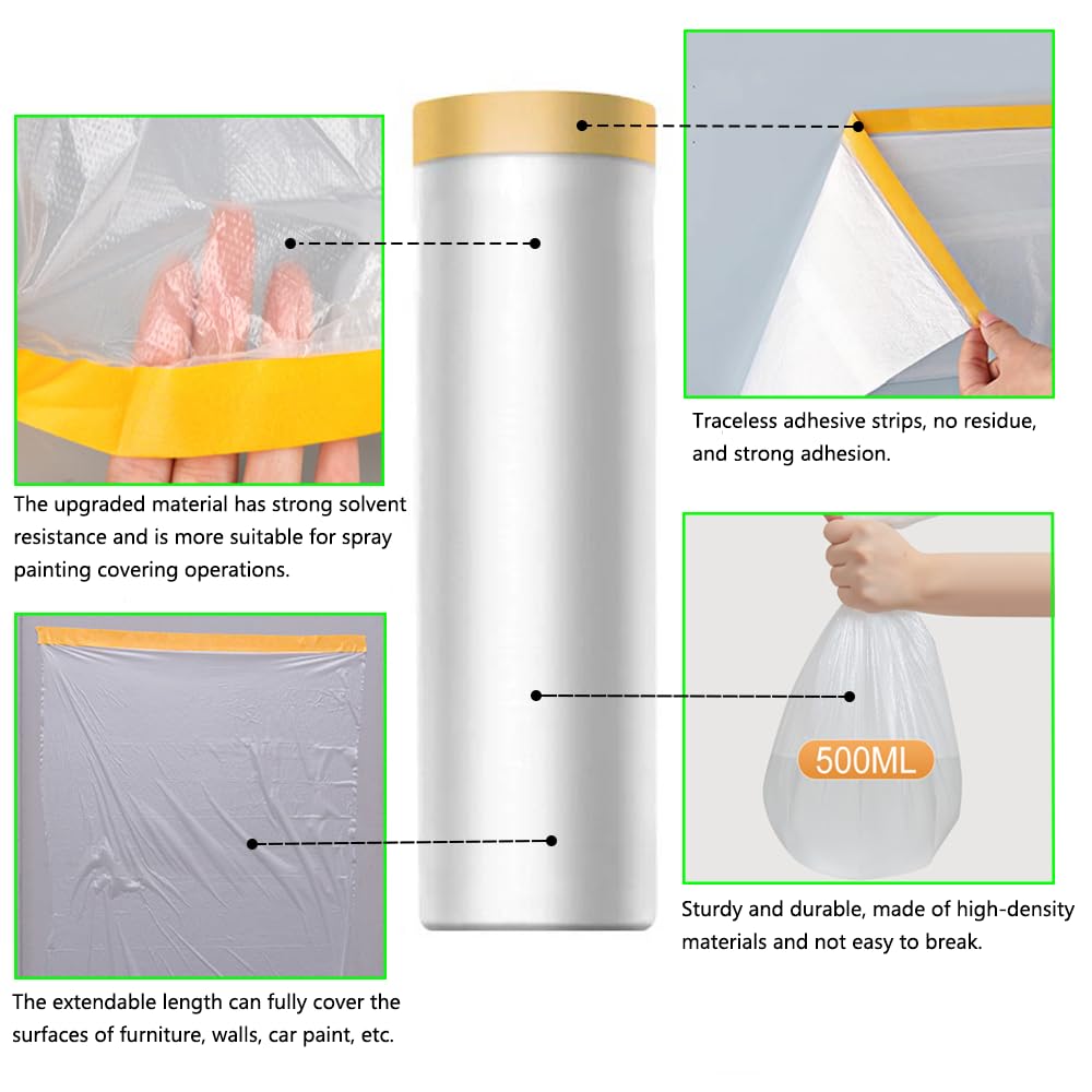 Pre-Taped Masking Film-43inx65ft Tape and Drape Painters Plastic Rolls, Plastic Painting Film for Automotive Painting Covering,Protective Drop Film for Furniture, Car, Floor (4rolls, 43in×65ft)