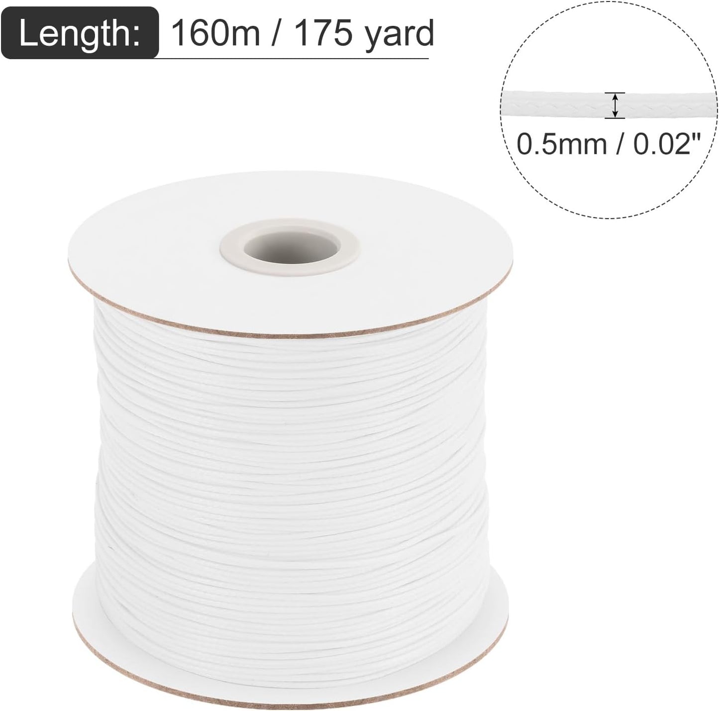 MECCANIXITY Waxed Polyester Cord 0.5mm 175 Yard White for Bracelet Making, Jewelry, DIY Crafts