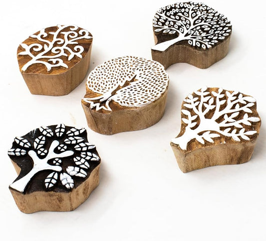 Tree Shape Wooden Block Stamps - Wooden Printing Stamps - Indian Textile Printing Blocks for Tattoo Clay Pottery Henna Card Making Pack of 5, Hashcart®