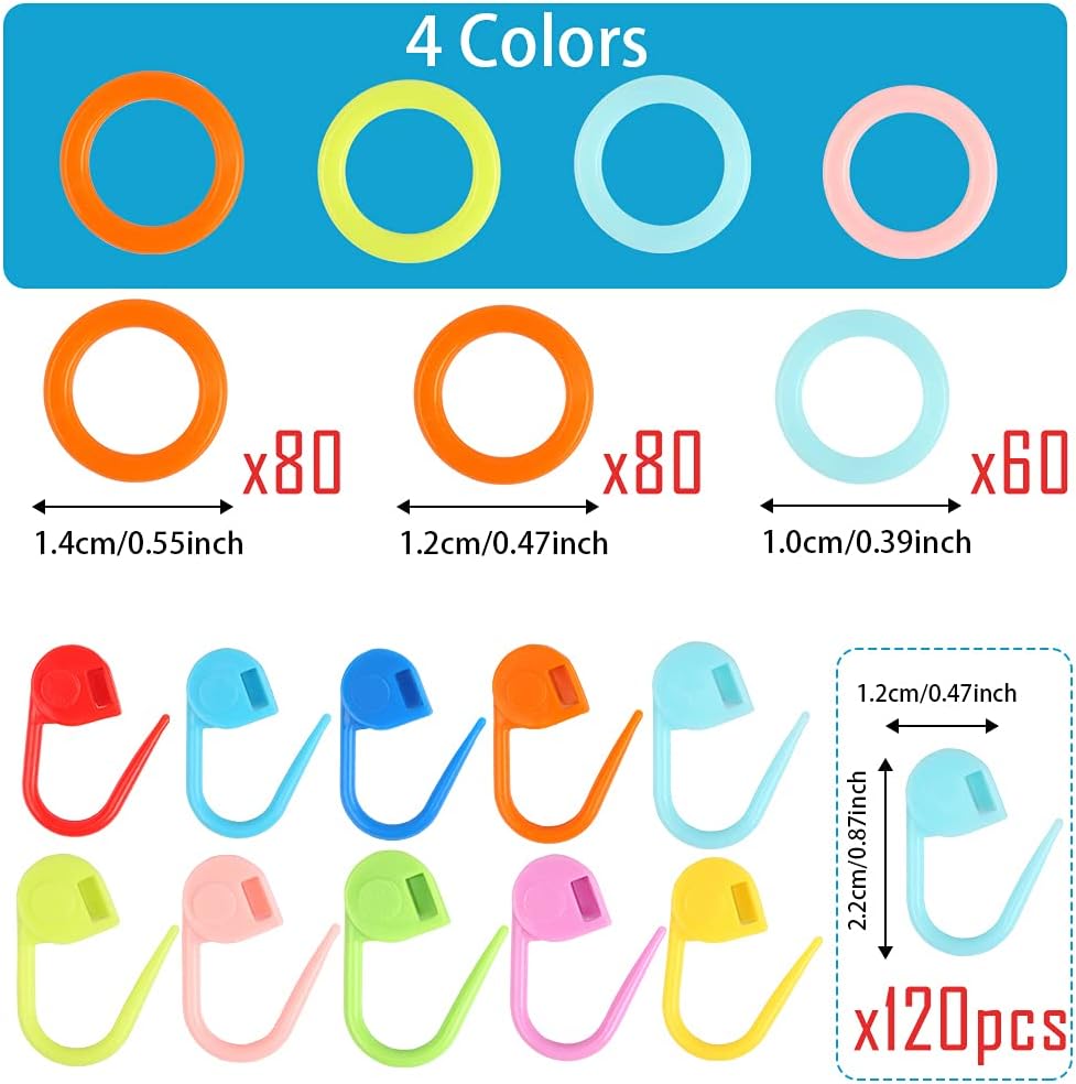 LUNARM 340 Pcs Stitch Ring Markers and Colorful Knitting Crochet Locking Counter Stitch Needle Clips with 2 Storage Boxes for Handicraft Weaving Sewing
