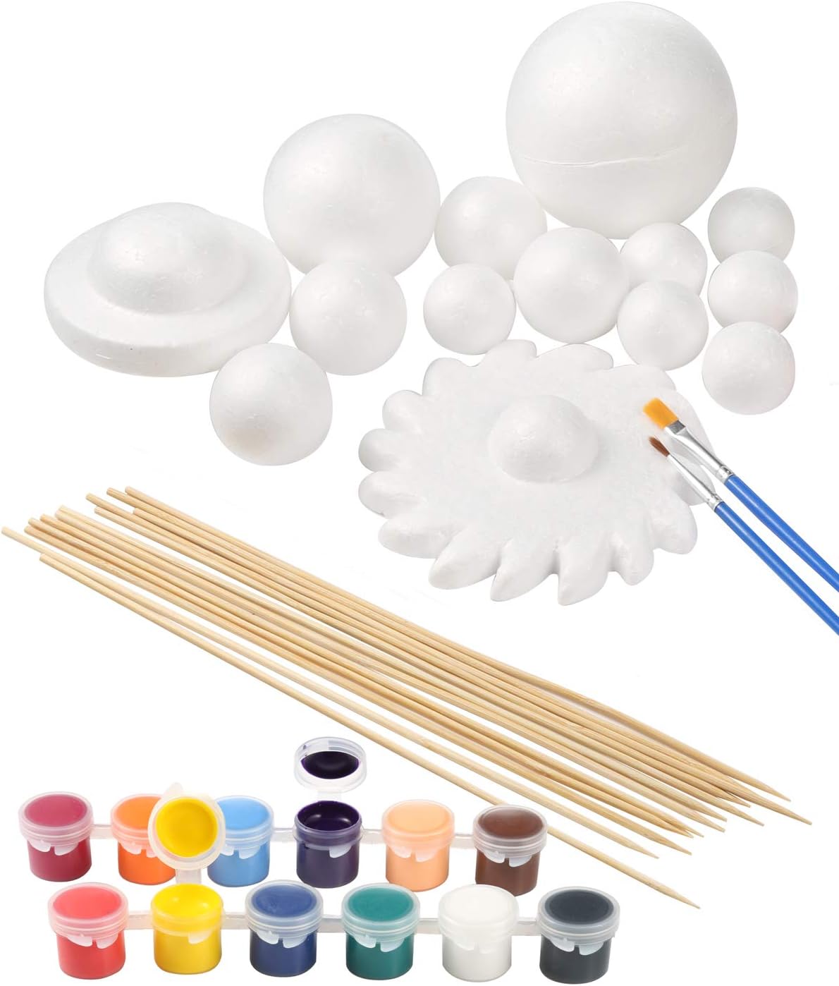 Pllieay Solar System Model Foam Ball Kit Includes 14PCS Mixed Sized Polystyrene Spheres Balls, 12PCS Bamboo Sticks, 12 Color Pigments, 2PCS Painting Brushes for School Science Projects