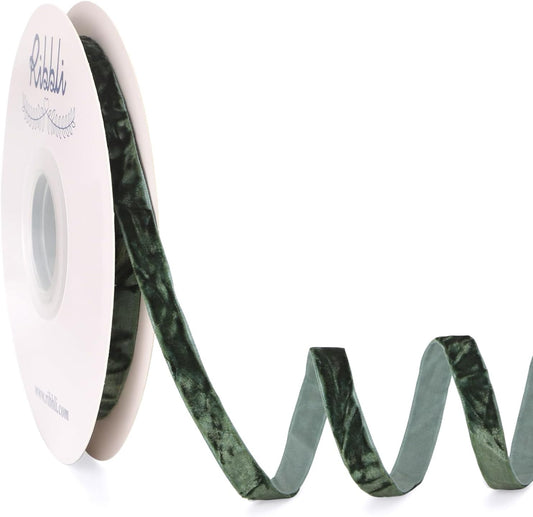 Ribbli Forest Green Velvet Ribbon 3/8 Inches Luxury Crinkled Green Christmas Ribbon for Gift Wrapping Crafts Home Decor-Continuous 10 Yard