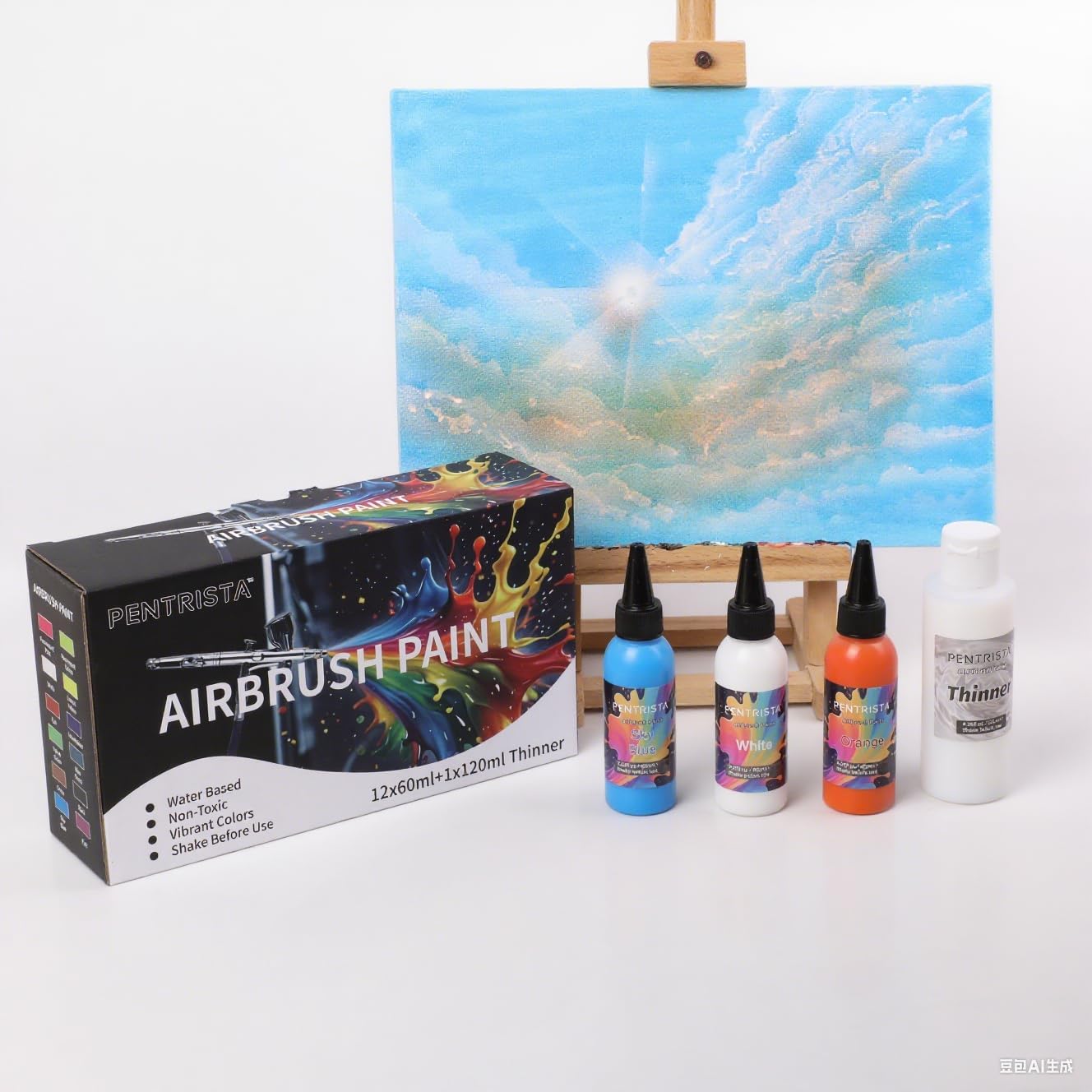 PENTRISTA Airbrush Paint Set,12 Colors(2.03oz, 60 ml) with 4.06oz Thinner,Ready to Spray Air Brush Paint,Opaque & Neon Colors, Water-Based Acrylic Airbrush Set for Nails,Models,Hobbyist and Artists