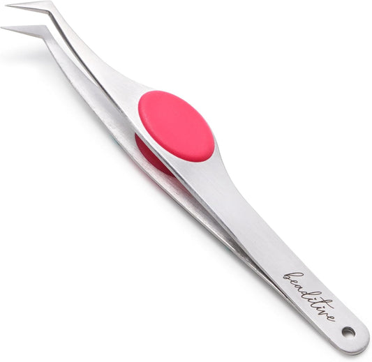 Beaditive High Precision Angled Tip Tweezers with Cushion Grip - 4.7" Craft Tweezers for Sewing, Beading & DIY Crafts - Non-Serrated Jewelry Tweezers with Fine Angled Tips - Stainless Steel (Fuchsia)