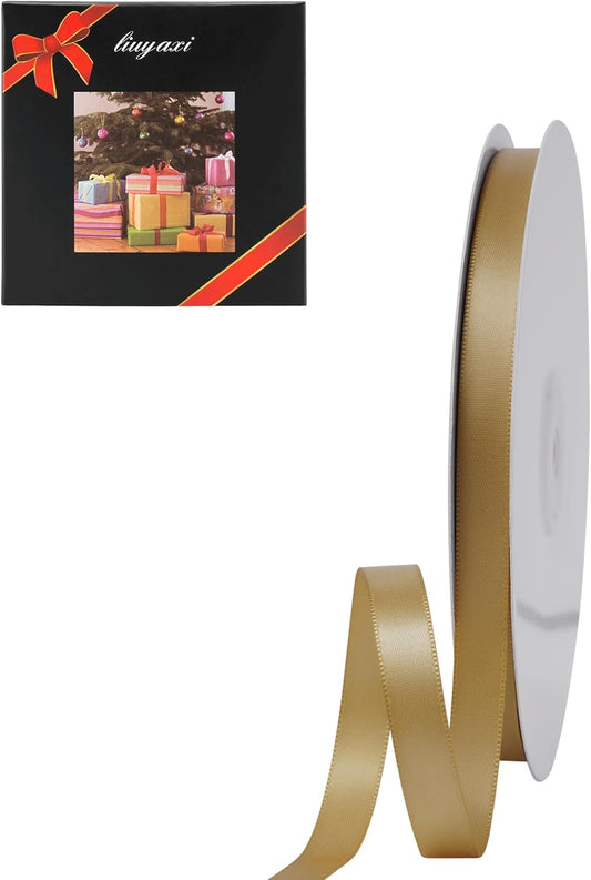 LIUYAXI Pale Gold Double Faced Satin Ribbon, 3/8" X Continuous 25 Yards, Ribbons Perfect for Gift Wrapping Bows Bouquet Wedding Decor DIY Craft and More