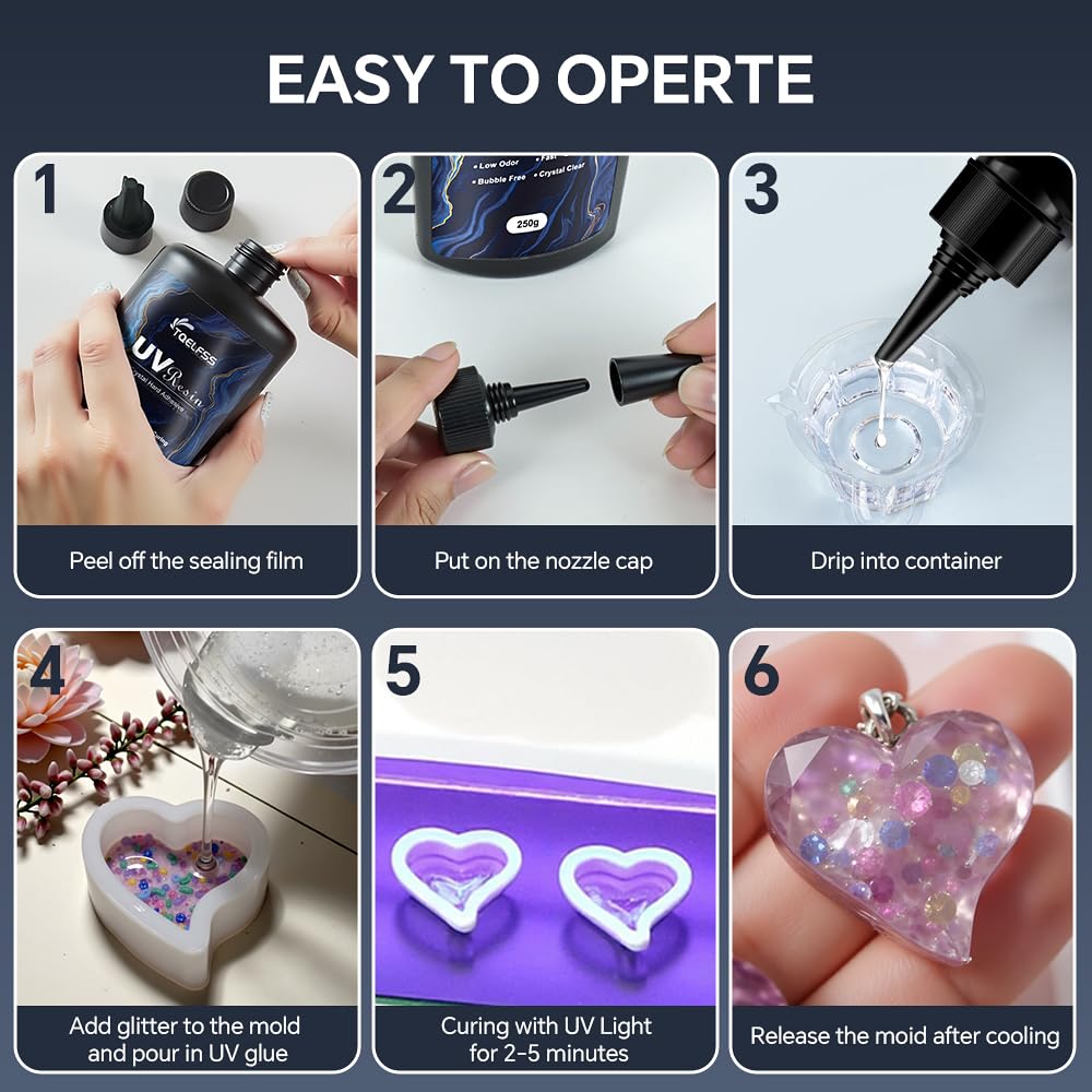 500g UV Resin,Crystal Clear,Hard UV Curing epoxy Resin, Upgraded Formula,odorless,Solar Activated Glue kit，Clear,UV Fast Curing,for DIY Making,Craft Decoration (250 g*2)