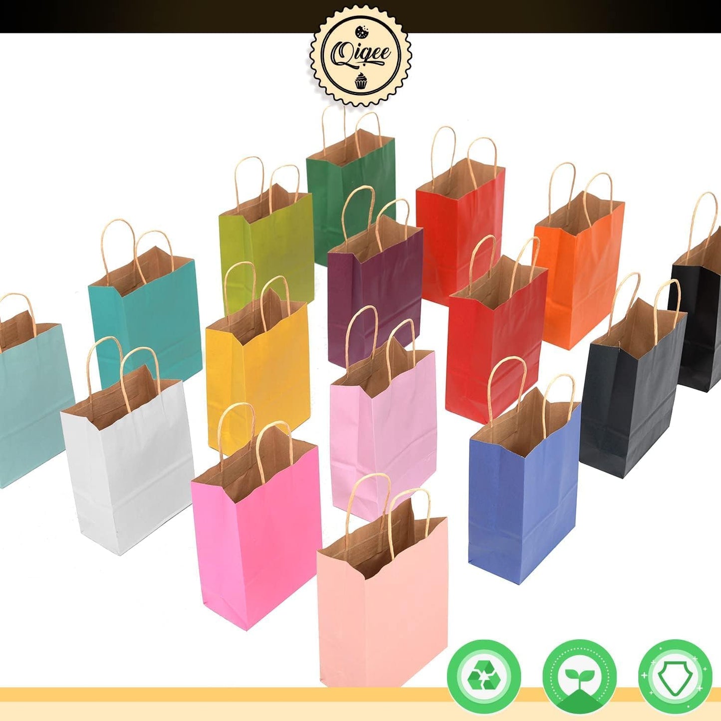qiqee 32-Packs Paper Bags with Handles Bulk 7.6"x4.75"x10.5" Medium Gift Bags 16 Different Senior Color Bags Multiple Uses（Medium Size）