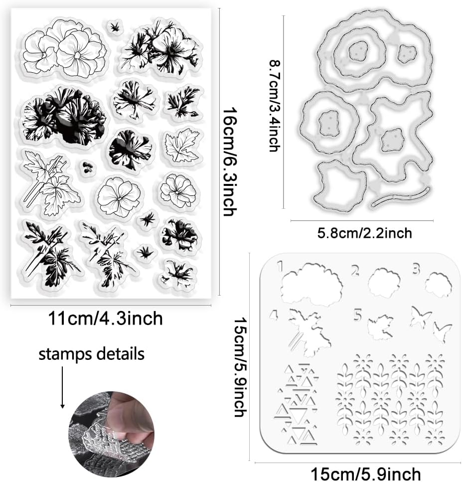 ORIGACH Geranium Layering Stencil Stamp and Die Set for Card Making, Flower Stencil Template Silicone Clear Stamps and Metal Die Sets for DIY Scrapbooking Photo Album Crafting