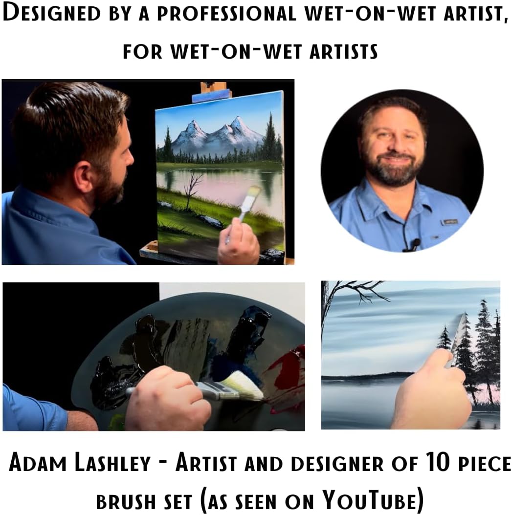 10 Piece Landscape Brush Set, for Wet on Wet Painting: 2 Inch, 1 Inch, 1 Inch Oval, 4 & 6 Fan, Filbert, 2 Palette Knives, Liner, Mop Blender - Adam Lashley