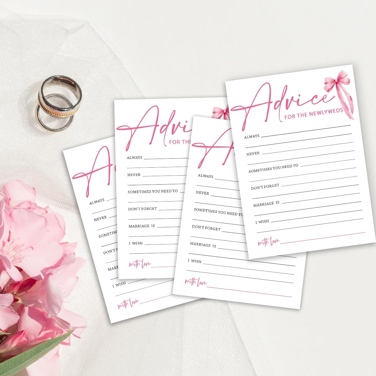 Wedding Shower Games Cards, Advice for The Newlyweds, Bridal Shower Games 25 Guests, Engagement Party Wedding Games for Guests, Pink Ribbon Bow Wedding Party Supplies - E01