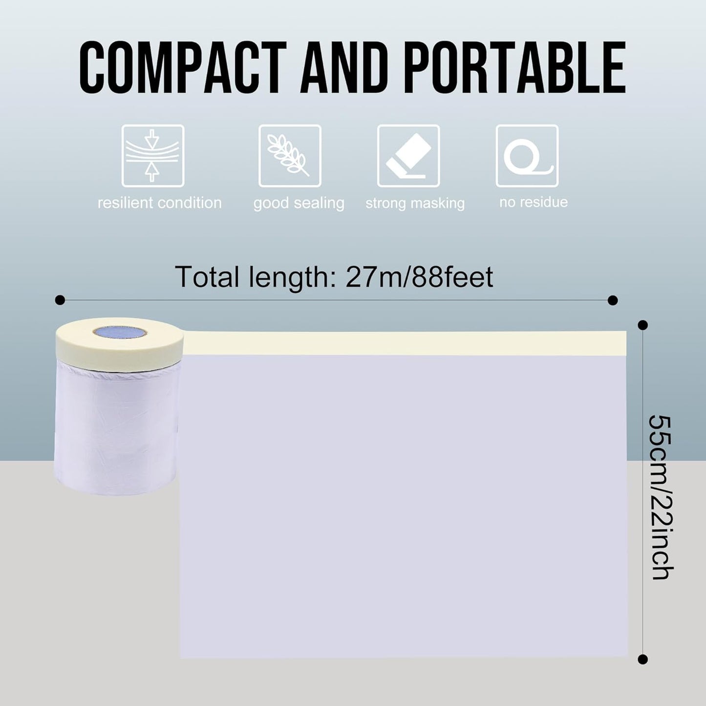 Lichamp Plastic Cover for Painting, Pre-Taped Masking Film, 22 inch x 30 Yard x 3 Rolls (90 Yards Total), Painters Plastic with Tape, Advanced Masking Tape Film