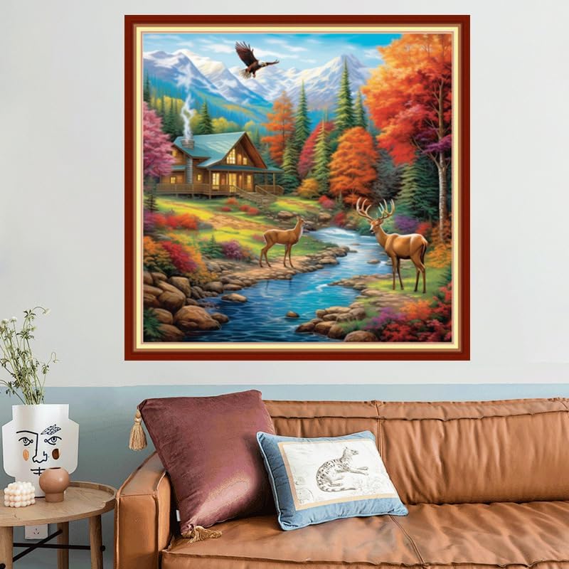 Joyhoor Stamped Cross Stitch Kits for Beginners, Needlepoint Kits for Adults, 11CT Counted Embroidery Kits-Late Autumn Elk 18x18 inchs