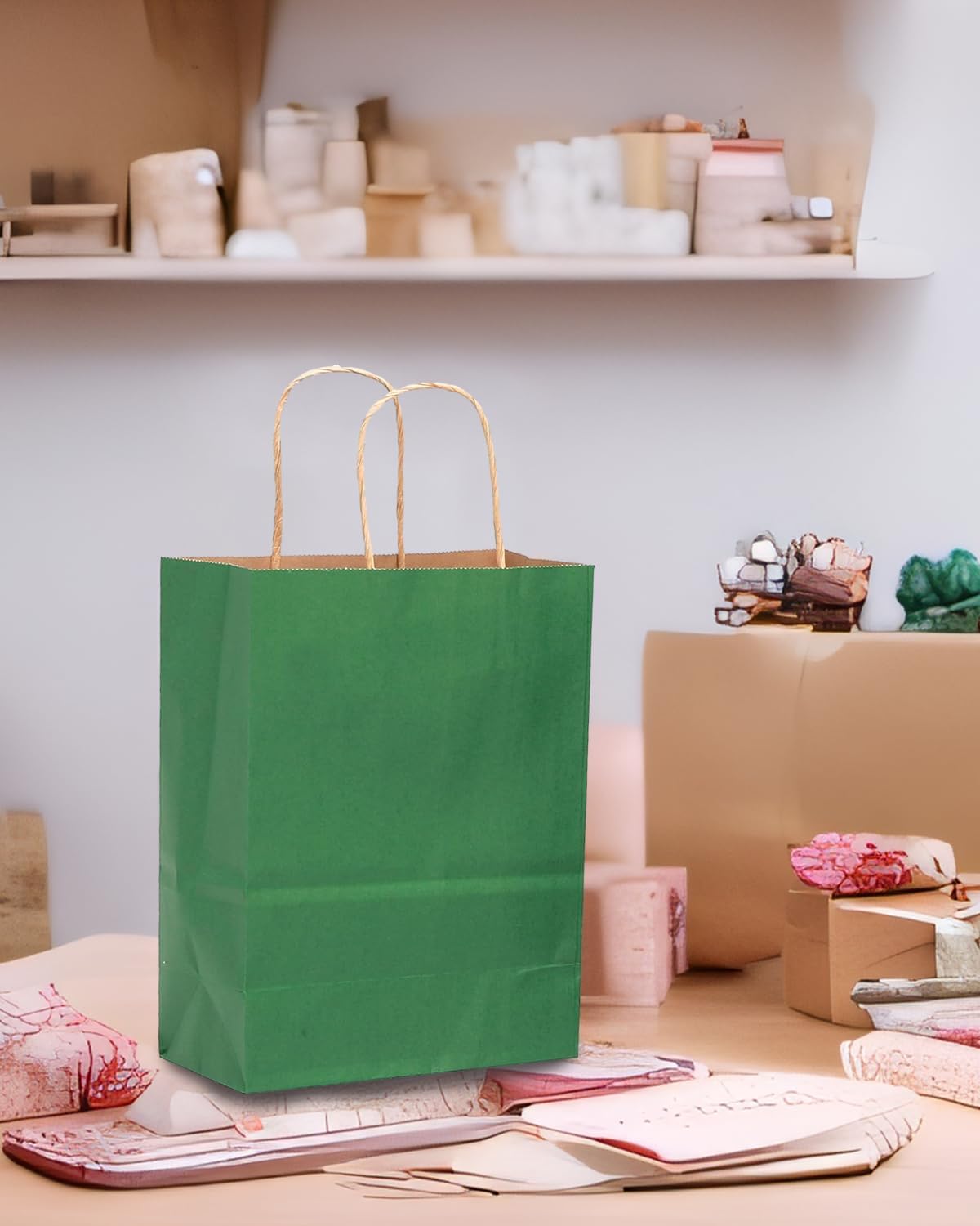 qiqee 32-Packs Deep Green Paper Gift Bags with Handles Bulk 7.6"x4.75"x10.5" Medium Size Gift Bags Multiple Uses