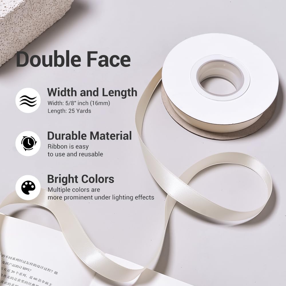 YAMA Ivory Double Face Satin Ribbon 5/8 Inch 25 Yards Ivory Silk Ribbon for Gift Package Wrapping,Floral Design,Hair Bow Clip Making,Crafting,Sewing,Wedding Decor