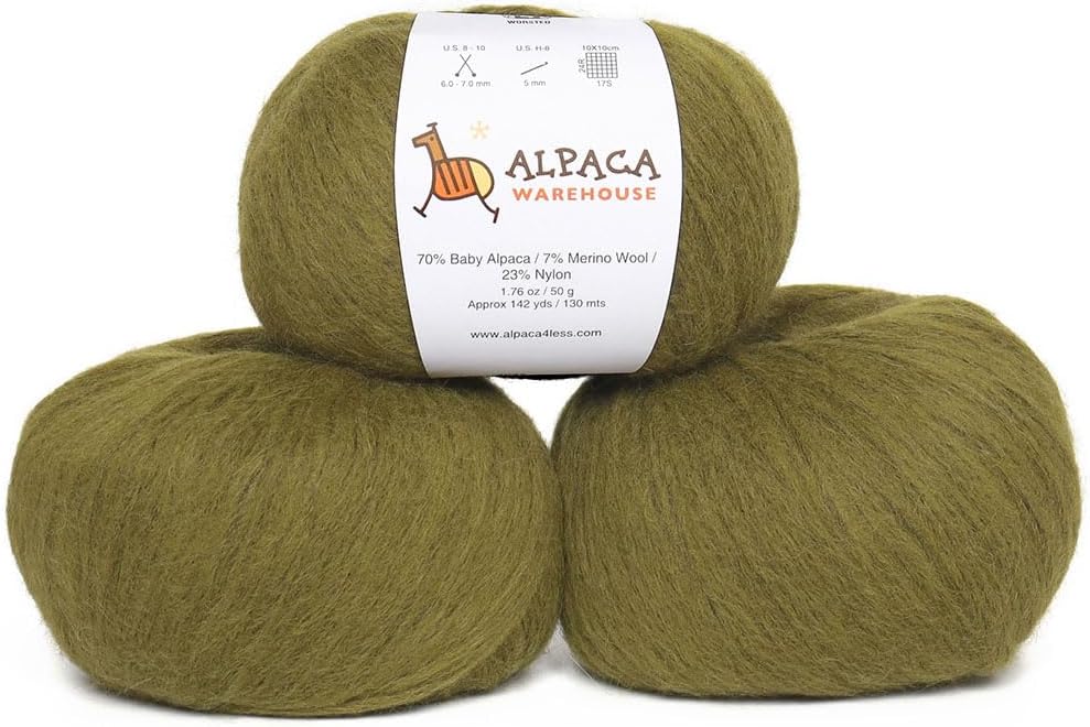 Pullu - Baby Alpaca Merino Wool Yarn Set of 3 Skeins (150 Grams) Worsted Weight - Sourced Directly from Peru - Heavenly Soft and Perfect for Knitting and Crocheting (Leaf Green)