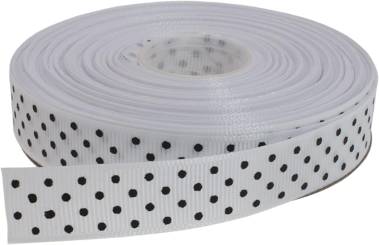 Polka Dot Grosgrain Ribbon 25 Yard Each Roll 100% Polyester (5/8", White)