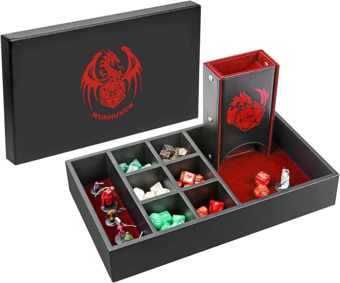 DND Dice Tray & Tower Storage Box, 4 in 1 D&D Dice Holder Case (Dice Rolling Tray, Dice Roller Tower, Dice & Miniature Storage), Great RPG Accessories Gifts for Dungeons and Dragons MTG DM & Player