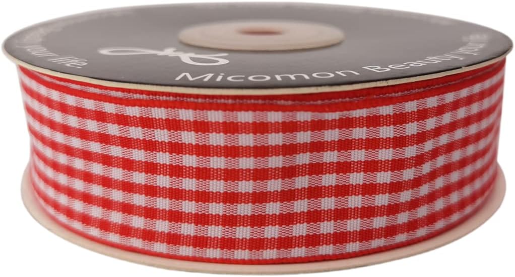 1 Inch Red and White Woven Edge Gingham Ribbon 25 Yards Each Roll 100% Polyester (1", red)