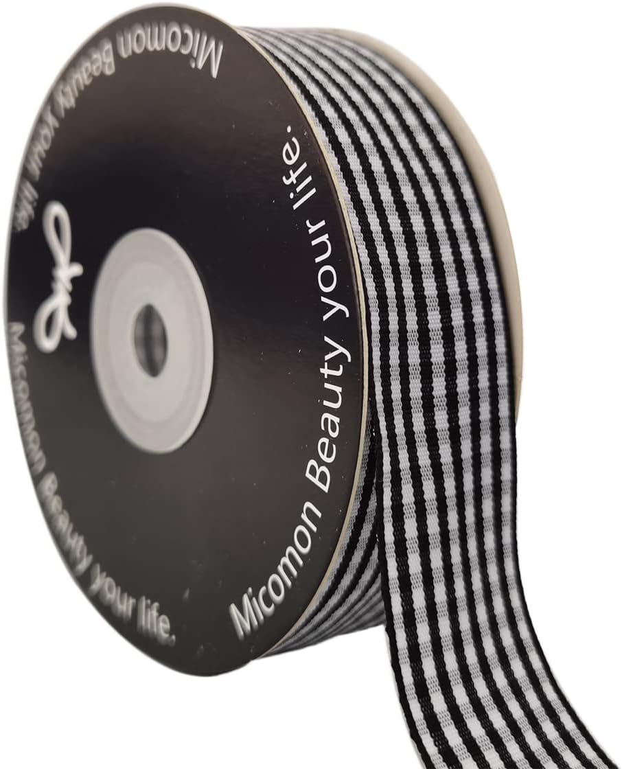 1 Inch Black and White Woven Edge Gingham Ribbon 25 Yards Each Roll 100% Polyester (1", Black)