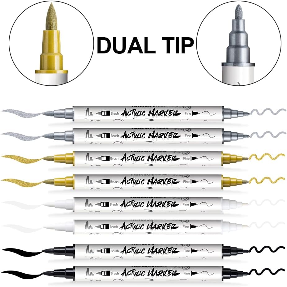 TRANSON 2 Gold, 2 Silver, 2 Black and 2 White Paint Markers Brush and Fine Dual-tip Acrylic Paint Marker Set for Rock Painting Glass Canvas Wood Leather Ceramic Painting