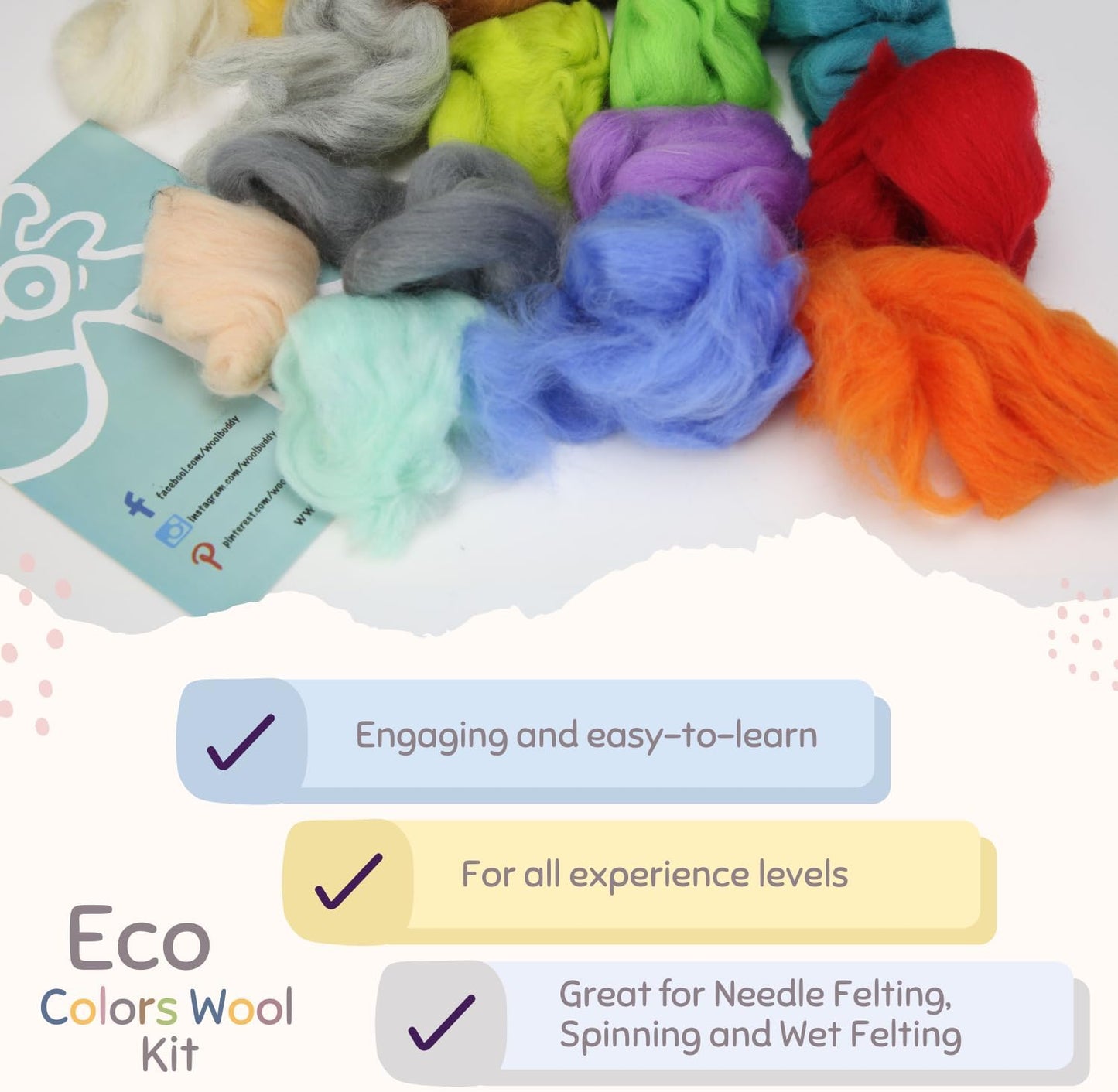 Woolbuddy Wool Roving Kit – 24 Assorted Corriedale Colors with Felting Guide – Clean, Carded Core Wool for Needle & Wet Felting – Craft Supplies for All Levels