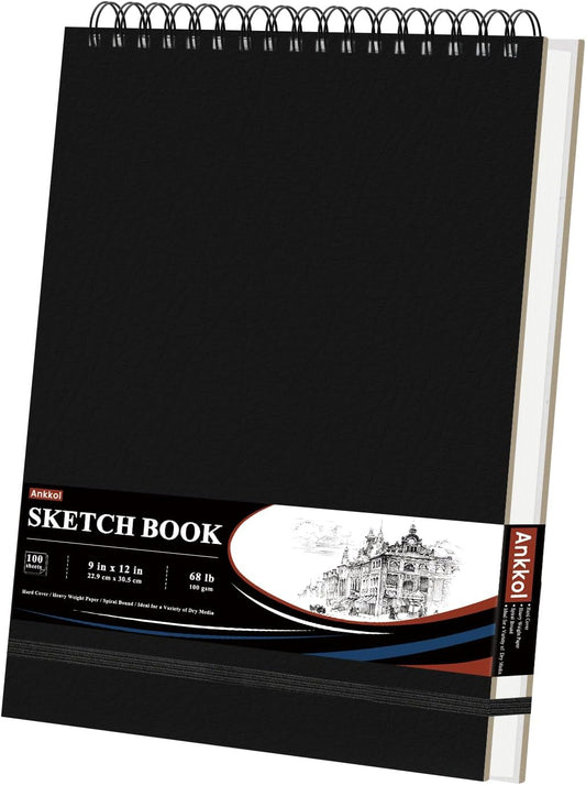 9" x 12" Sketch Book, Top Spiral Sketchbook Hardcover, 68lb (100gsm) Drawing Paper Pad & Sketch Paper, 1-Pack Sketch Pads for Drawing for Adults, Professional Art Supplies for Teens & Artist Gifts.