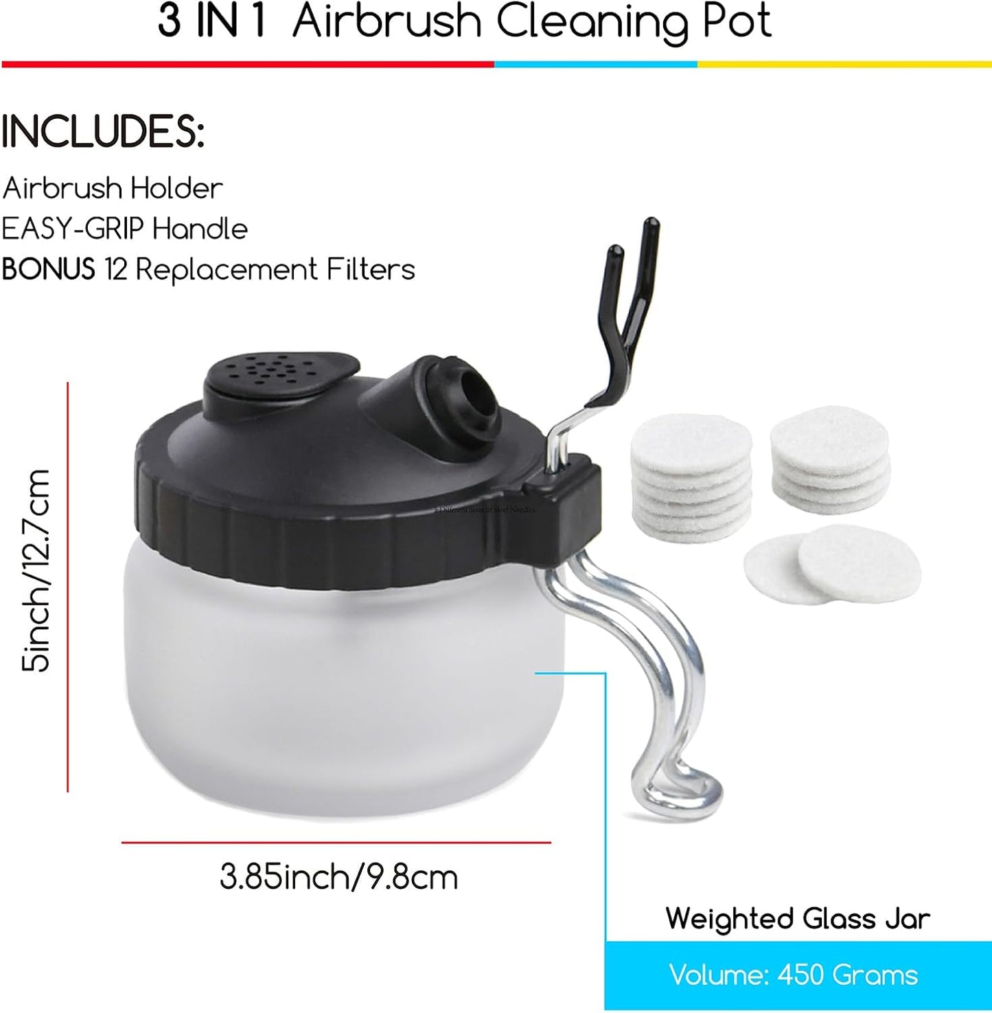 MEEDEN Airbrush Gun Cleaner Kit: Heavy Glass Cleaning Pot with Air Filter Mat and Airbrush Holder, 5 Cleaning Brushes, 5 Cleaning Needles, 1 Nozzle Cleaning Needle