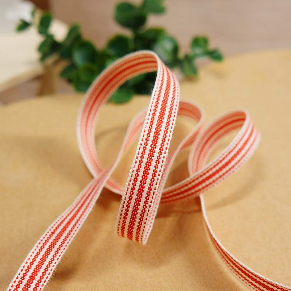 CT CRAFT LLC Ivory Cotton Red Stripes Ribbon 3/8" x 10 Yards for Home Décor Gift Present Wrapping DIY Crafts Birthday Wedding Bouquet Christmas