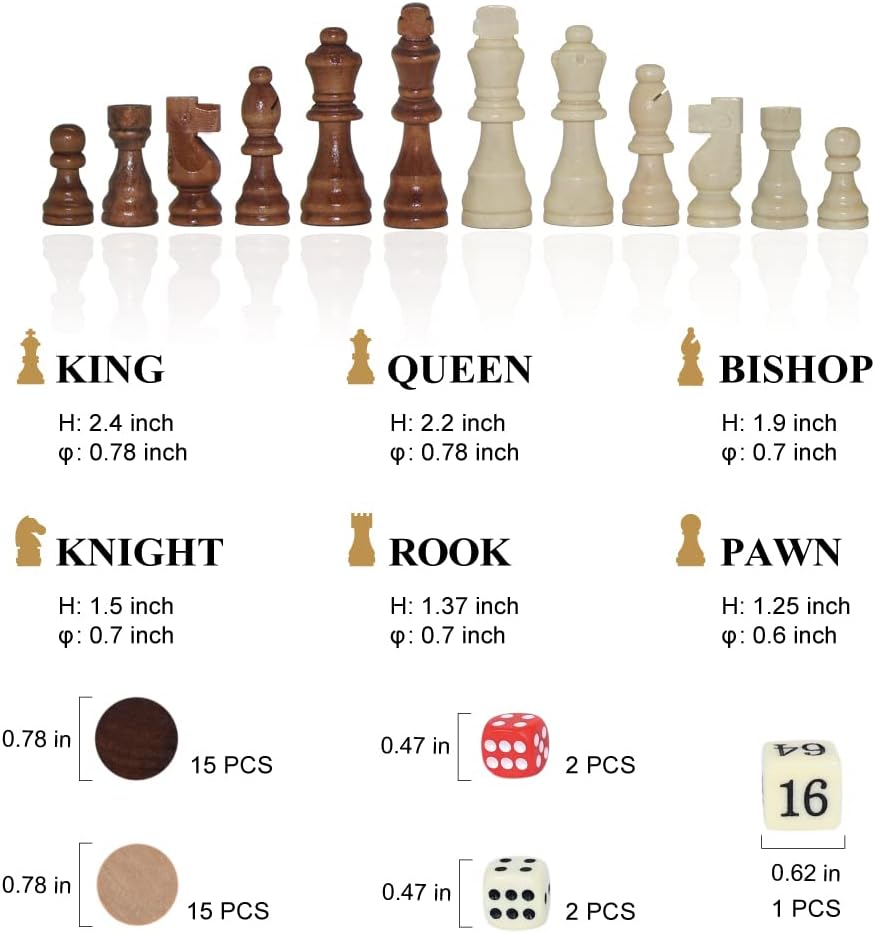 GOTHINK Wooden Chess, Checker, and Backgammon 3 in 1 Board Game Set,Classic Traditional Travel Night Toy and Game Gift Set for Kids Adults Senior Family