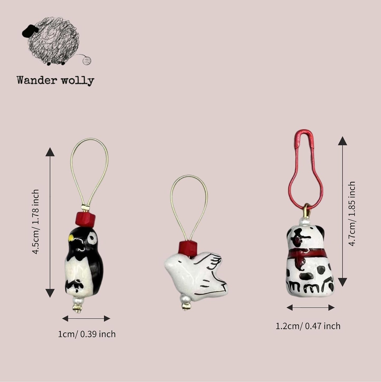 Wander wolly Handmade Animal Stitch Markers for Knitting, Three Pieces in Storage Case, One Dove, One Penguin, and One Dalmatian